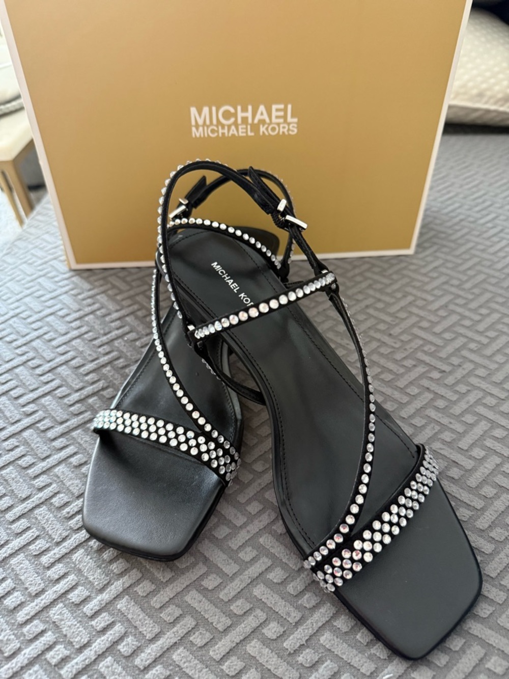 NEW!!  Michael Kors Black Crystal-Trim Strappy Sandals